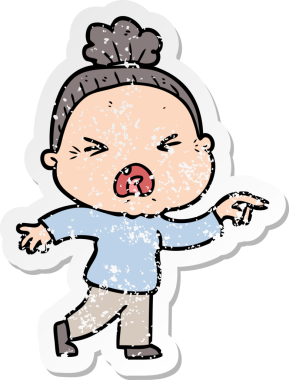 Bir insan tarafından çizilmiş kızgın yaşlı bir kadının sıkıntılı çıkartması.