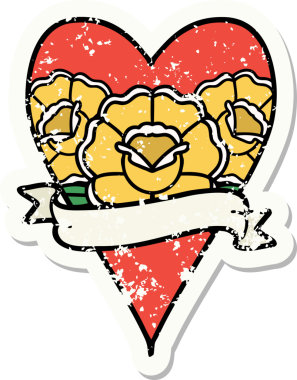 Geleneksel bir kalp stili ve insan tarafından çizilmiş çiçekli pankart dövmesi.