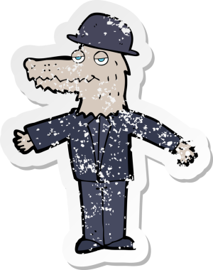 Bir insan tarafından çizilmiş şapka takan bir kurt adamın gerilimli çıkartması.