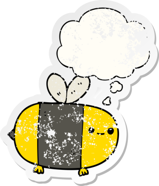 Düşünce baloncuğu olan sevimli çizgi film arısı bir insan tarafından çizilmiş yıpranmış bir çıkartma.