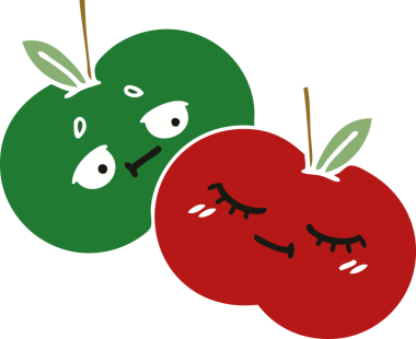 Bir insan tarafından çizilmiş sulu bir elmanın düz renkli retro karikatürü