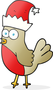 Bir insan tarafından çizilmiş Noel şapkasındaki robin karikatürü.