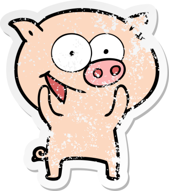 Bir insan tarafından çizilmiş neşeli bir domuz çizgi filminin hüzünlü çıkartması.