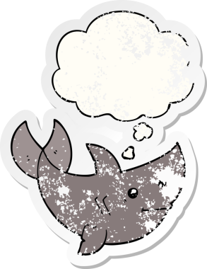 İnsan tarafından çizilmiş yıpranmış bir çıkartma gibi düşünce balonu olan çizgi film köpekbalığı.