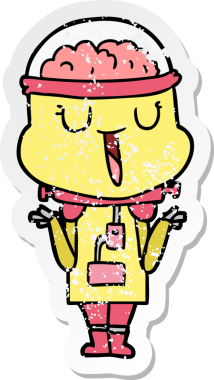 Bir insanın omuzlarını silkeleyen mutlu çizgi film robotunun sıkıntılı çıkartması.