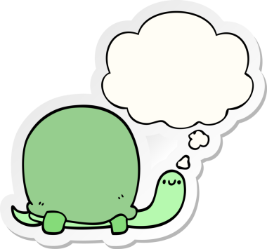 Bir insan tarafından çizilmiş, düşünce baloncuklu şirin kaplumbağa karikatürü.