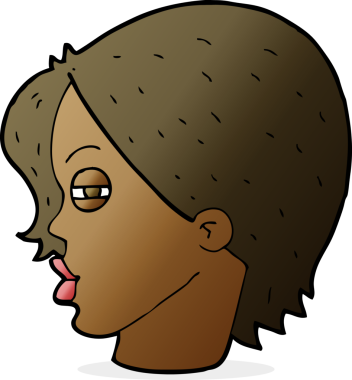 Bir insan tarafından çizilmiş, gözleri kısılmış bir kadın yüzü.