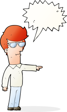 Bir insan tarafından çizilmiş konuşma balonuyla işaret eden gözlüklü bir çizgi film adamı.