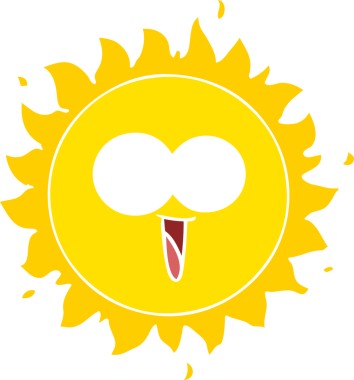 Mutlu düz renkli çizgi film güneşi bir insan tarafından çizildi.