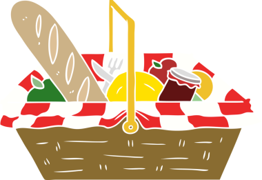 Bir insan tarafından çizilmiş düz renkli çizgi film piknik sepeti.