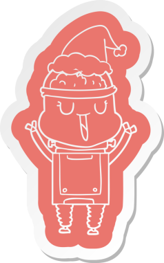 Bir insan tarafından çizilmiş Noel Baba şapkası giyen bir robotun komik çizgi film çıkartması.