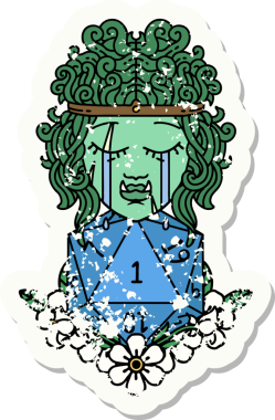 Bir insan tarafından çizilmiş doğal bir d20 rulo ile üzgün bir ork barbar karakter yüzü grunge sticker