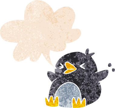 grunge 'da konuşma balonu olan karikatür pengueni bir insan tarafından çizilmiş tedirgin geçmiş dokulara sahip.