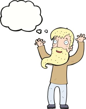 Bir insan tarafından çizilmiş düşünce balonlu sakallı heyecanlı bir adam.