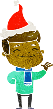 Mutlu el çizimi, Noel Baba şapkası takan bir adamın insan tarafından çizilmiş retro karikatürü.