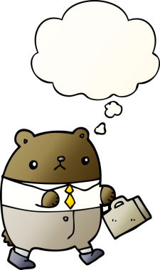 İş kıyafetleri içinde çizgi film ayısı. Düşünce baloncuğu bir insan tarafından çizilmiş.