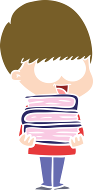 Mutlu düz renkli çizgi film çocuğu elinde bir insan tarafından çizilmiş kitaplar tutuyor.