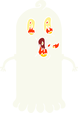 Düz renkli çizgi film hayaleti. Alevli gözleri olan bir insan tarafından çizilmiş.