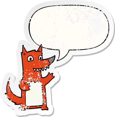 Konuşma baloncuğu olan karikatür kurdu, bir insan tarafından çizilmiş, kederli, eski bir çıkartma.