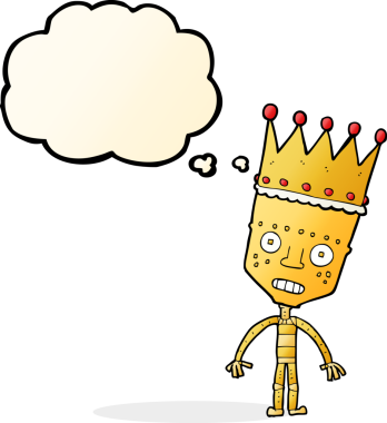 Düşünce baloncuklu taçlı çizgi film robotu bir insan tarafından çizilmiş.