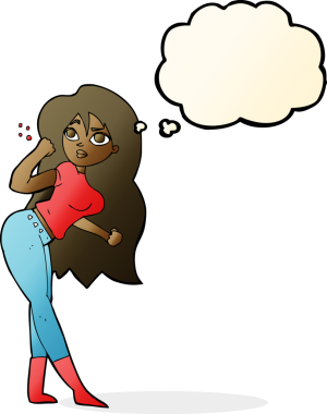 Bir insan tarafından çizilmiş düşünce baloncuğuyla yumruk kaldıran karikatür kadın.