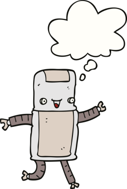 Bir insan tarafından çizilmiş düşünce baloncuklu çizgi film robotu