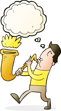 Bir insan tarafından çizilmiş düşünce baloncuğuyla saksafon çalan çizgi film adamı.