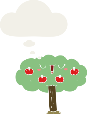 Düşünce baloncuklu çizgi film elma ağacı insan tarafından çizilmiş.