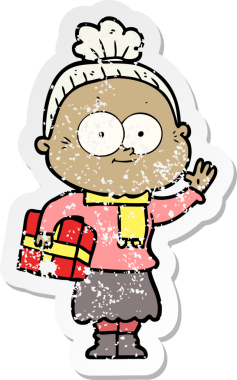 Bir insan tarafından çizilmiş mutlu, yaşlı bir kadının sıkıntılı çıkartması.