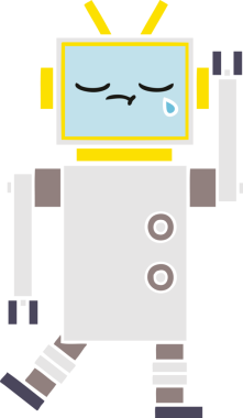 Bir insan tarafından çizilmiş ağlayan bir robotun düz renkli retro karikatürü