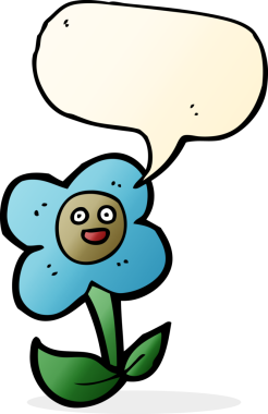 Bir insan tarafından çizilmiş, yüzü konuşma baloncuğu olan karikatür çiçeği.