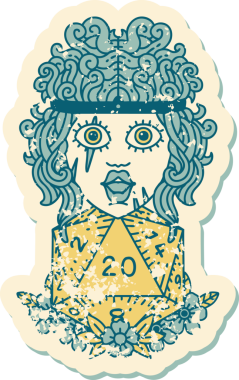 Bir insan tarafından çizilmiş doğal yirmi zarlı insan barbarının grunge sticker 'ı.