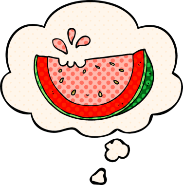 Çizgi roman tarzında bir insan tarafından çizilmiş düşünce balonlu karpuz.