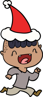 Bir insanın çizdiği Noel Baba şapkasıyla gülen ve kaçan mutlu bir çocuğun el çizimi.