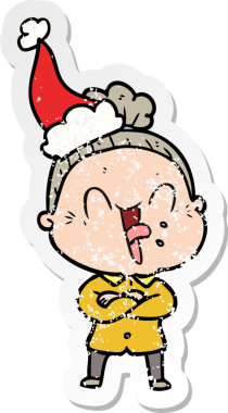 Bir insan tarafından çizilmiş Noel Baba şapkası takan mutlu yaşlı bir kadının el yazısı.