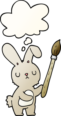 Düşünce baloncuklu boya fırçalı çizgi film tavşanı bir insan tarafından çizilmiş.