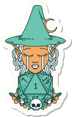 Ağlayan bir elf cadısının çıkartması. Bir insan tarafından çizilmiş doğal bir D20 rulosu.