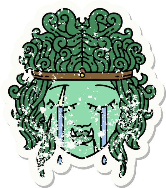 Bir insan tarafından çizilmiş üzgün bir ork barbar karakterinin grunge çıkartması.