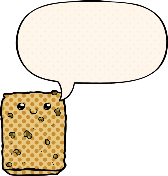 Bir insan tarafından çizilmiş çizgi roman tarzında konuşma baloncuklu çizgi film bisküvisi.