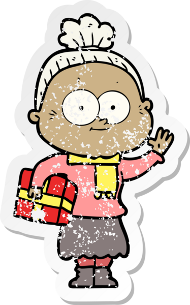 Bir insan tarafından çizilmiş mutlu, yaşlı bir kadının sıkıntılı çıkartması.