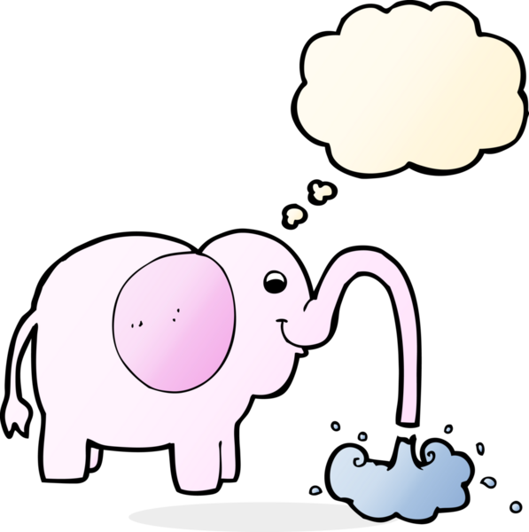Bir insan tarafından çizilmiş düşünce baloncuğuyla su fışkırtan çizgi film fili.