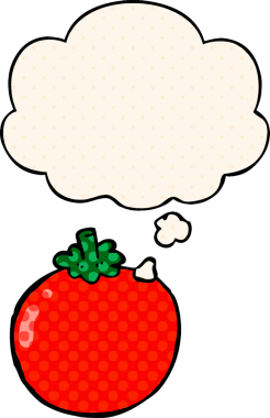 Bir insan tarafından çizilmiş, düşünce baloncuklu çizgi film domatesi.