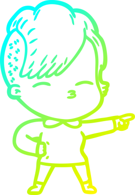 Bir insan tarafından çizilmiş, gözlerini kısarak bakan bir çizgi film karakteri.