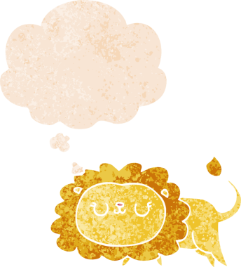 Düşünce baloncuklu çizgi film aslanı grunge sıkıntılı retro desen bir insan tarafından çizilmiş