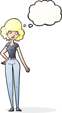 Bir insan tarafından çizilmiş düşünce baloncuğu olan güzel bir kadın.