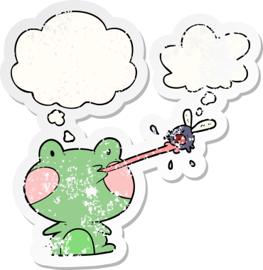 Karikatür kurbağası sineği düşünce baloncuğuyla yakalıyor insan tarafından çizilmiş yıpranmış bir çıkartma gibi.