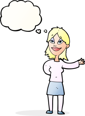 Bir insan tarafından çizilmiş düşünce baloncuğu olan bir şey göstermek isteyen bir karikatür kadını.