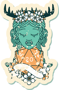 Retro Dövme Biçimi Yarı Ork Druid karakteri Bir insan tarafından çizilmiş doğal 20 zar ile