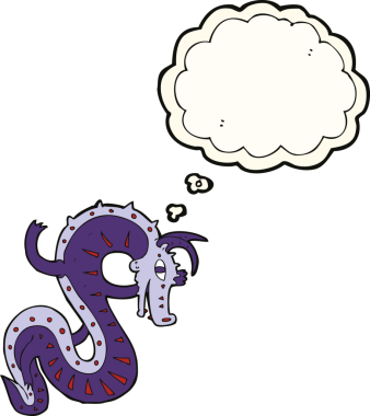 Bir insan tarafından çizilmiş düşünce balonlu Sakson ejderha çizgi filmi.