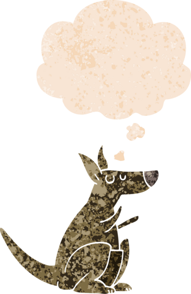 Düşünce baloncuklu çizgi film kangurusu grunge sıkıntılı retro desenli bir insan çizimi